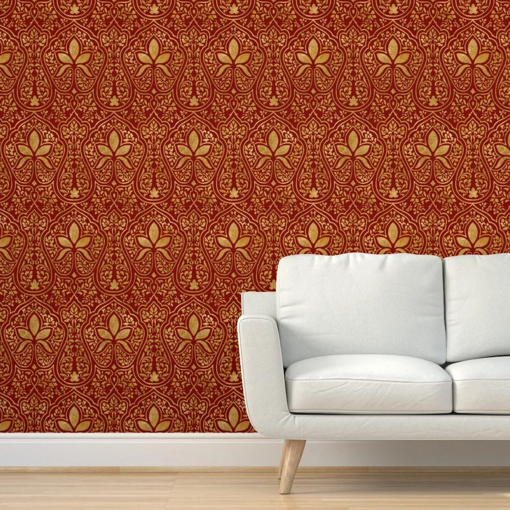 Rajkumari Claret Gilt Gold Batik Peel and Stick Wallpaper - Red, Gold product