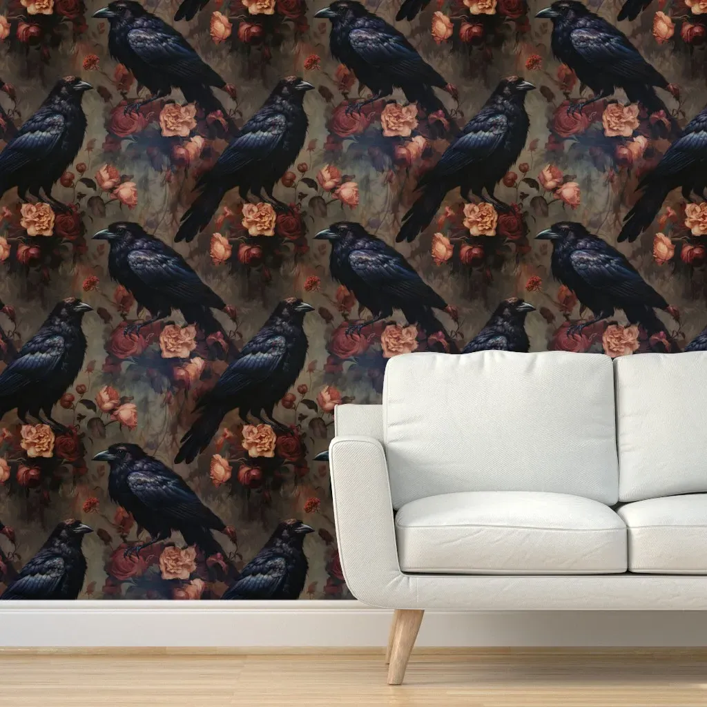 Raven Gothic Rococo Peel and Stick Wallpaper - Dark Purple, Black product