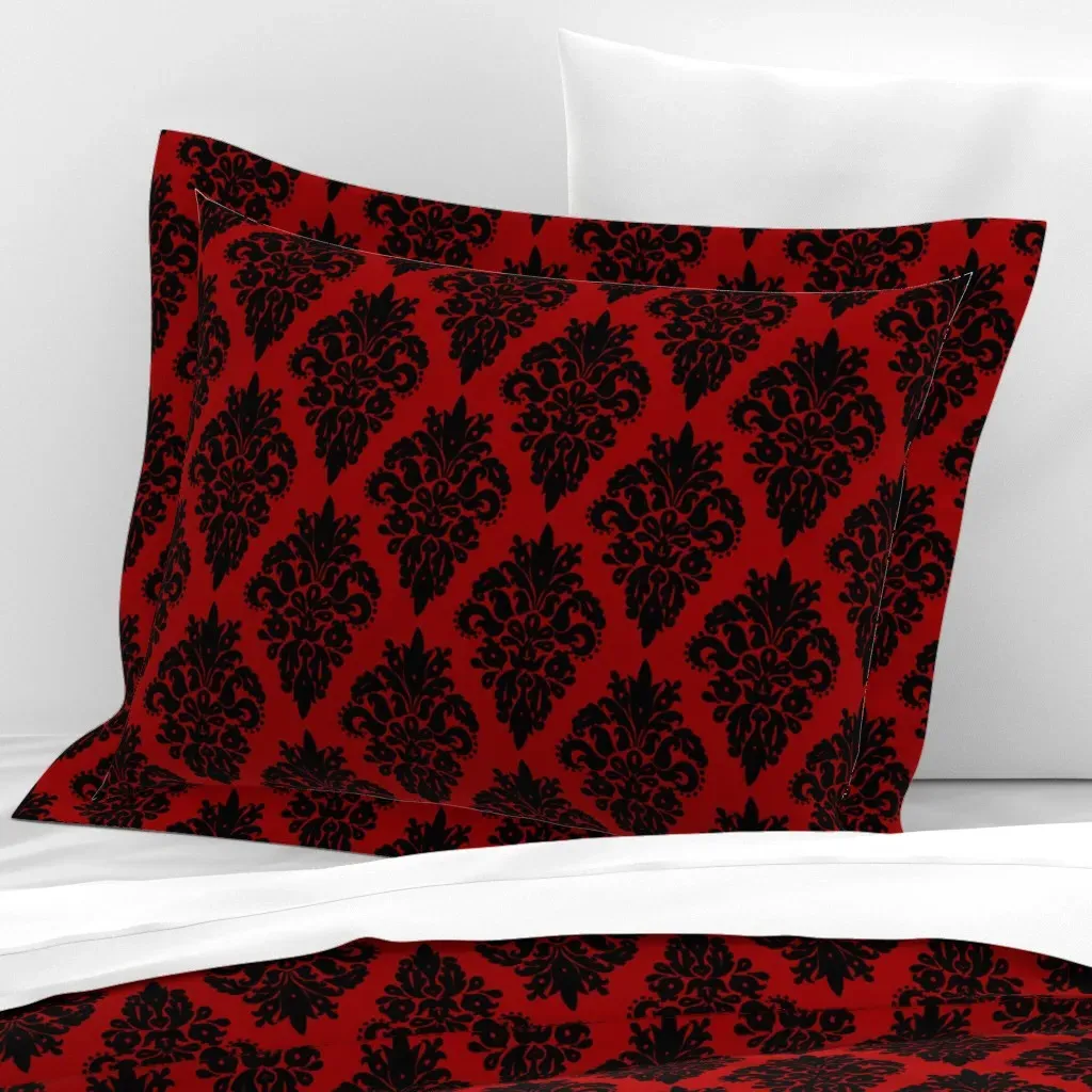 Red And Black Damask Pattern Standard Flanged Pillow Sham - Black, Cotton Sateen product