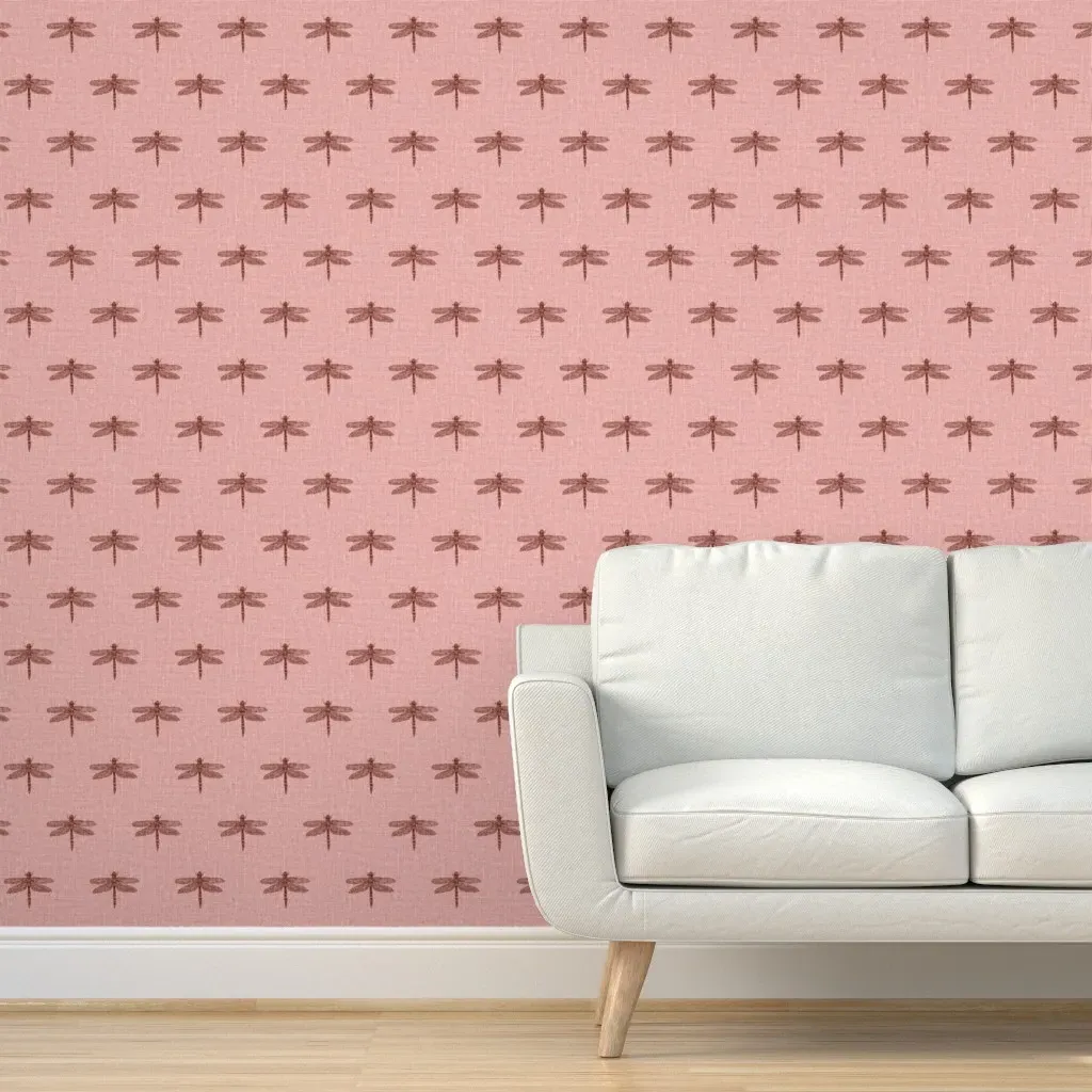 Red Dragonflies Linen Look Peel and Stick Wallpaper - Dusty Rose product