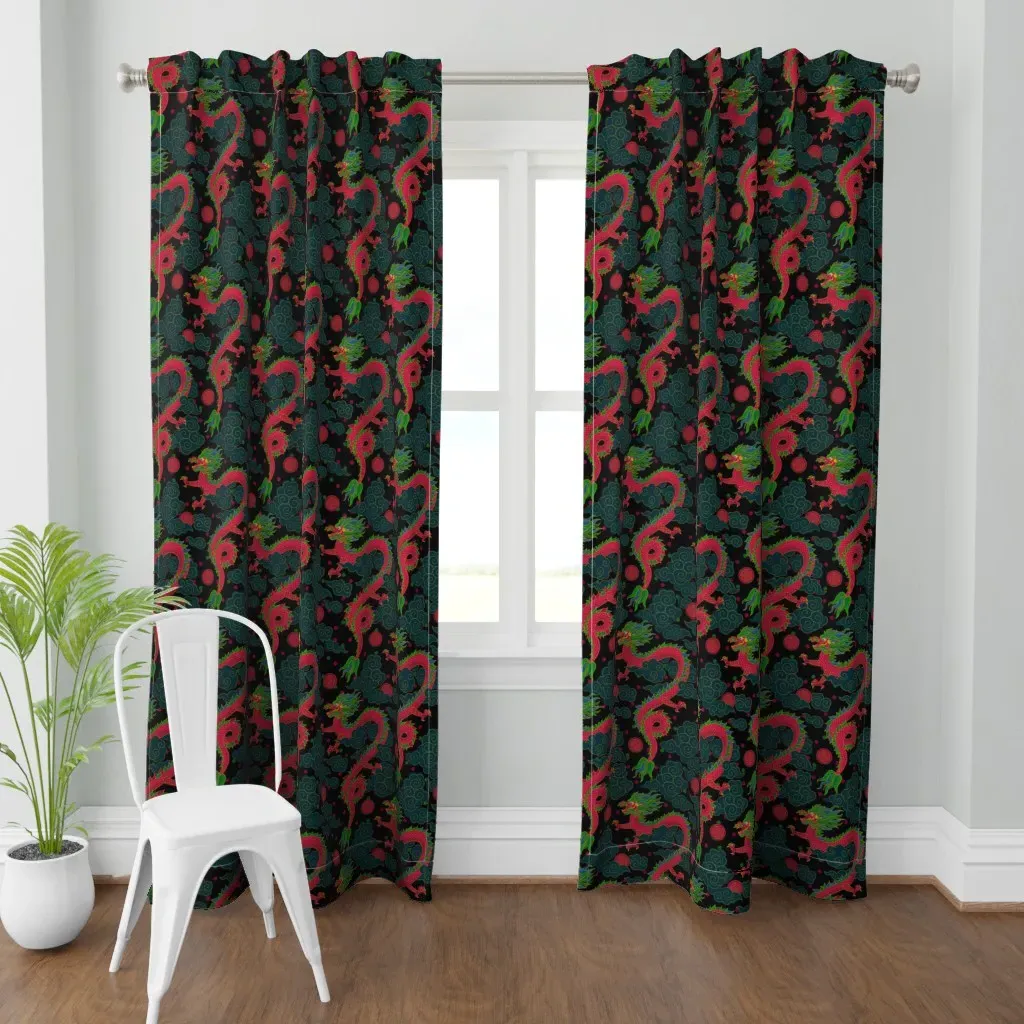 Red Fly Dragons Among Curtain Panel - Crimson Red product