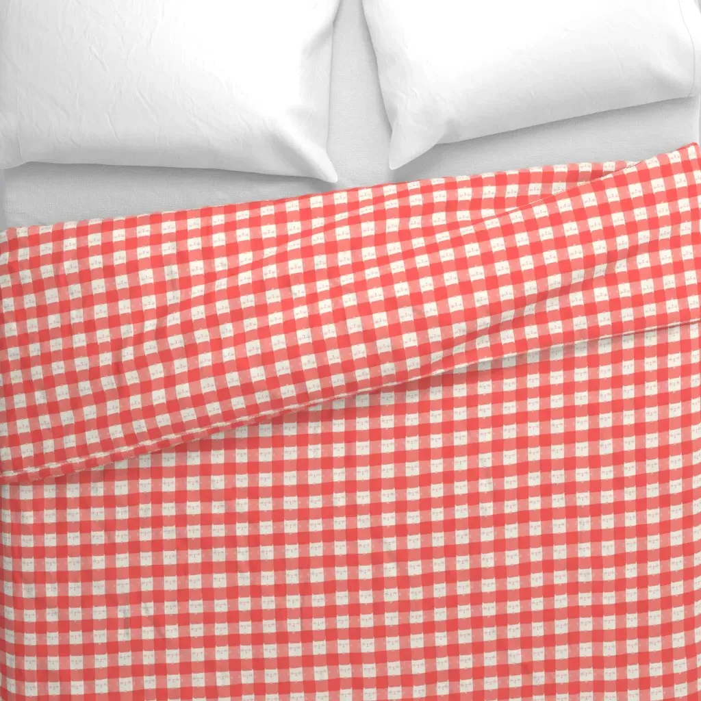 Red Gingham Cats Duvet Cover - Coral Pink alternate view
