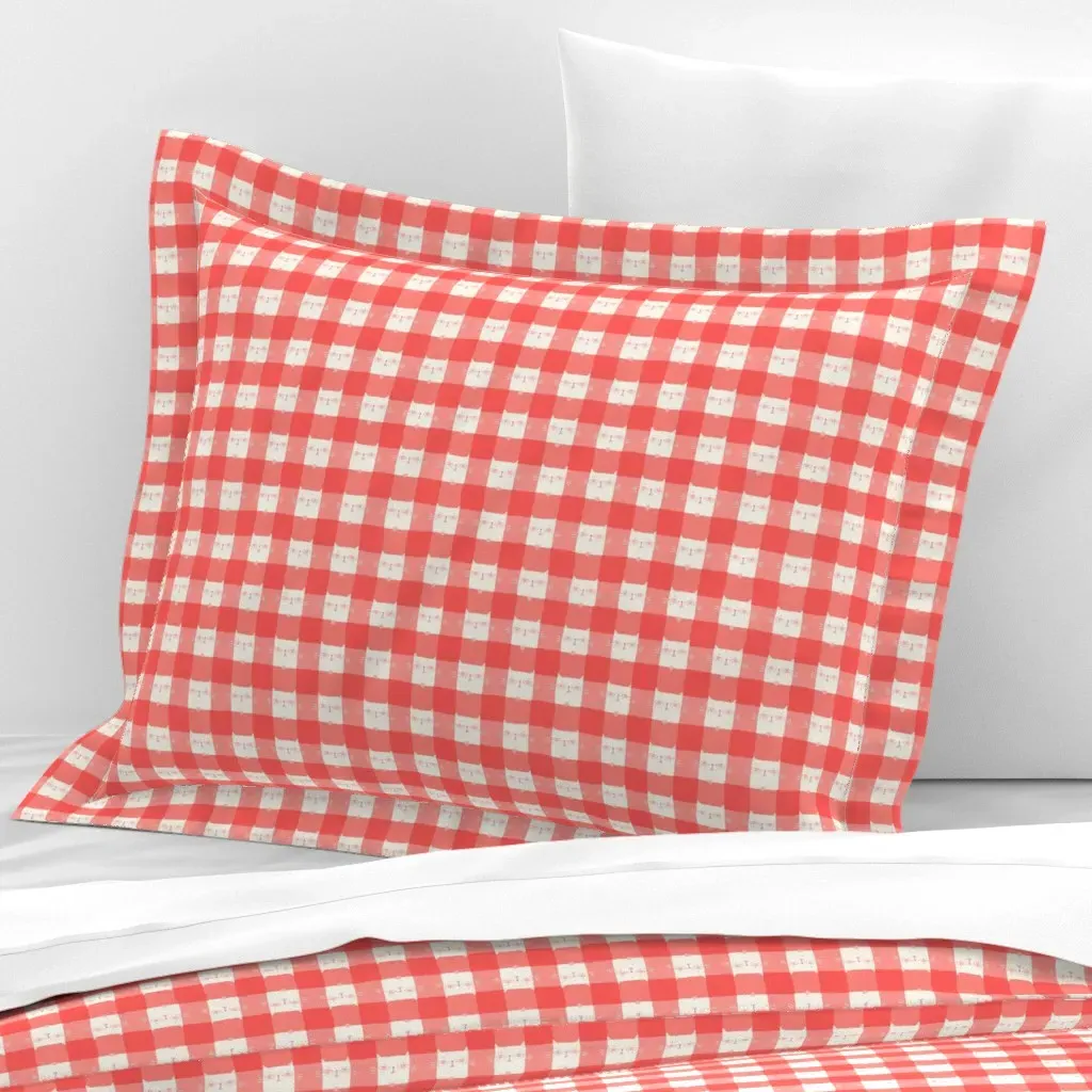 Red Gingham Cats Standard Flanged Cushion Cover - Coral Pink, Cotton Sateen product