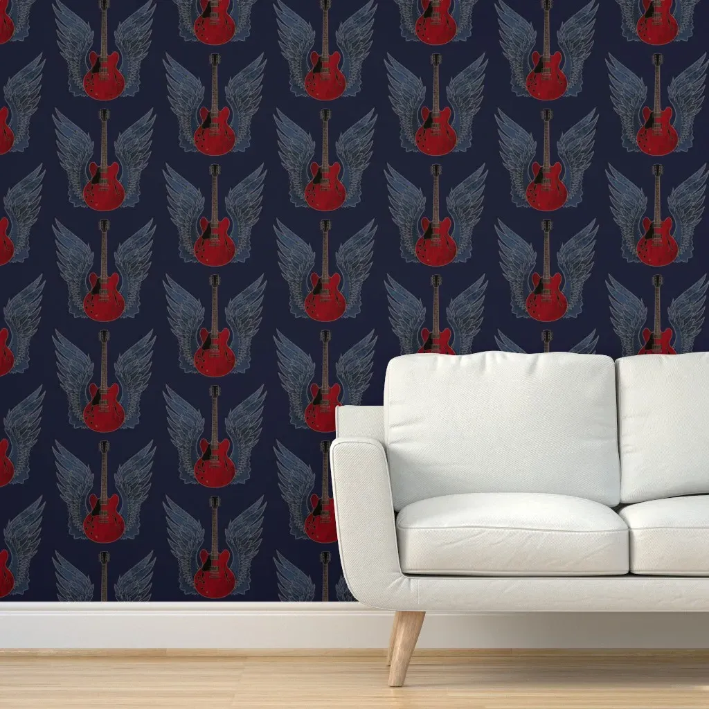 Red Guitar On Blue With Wings Feathers Peel and Stick Wallpaper - Red product