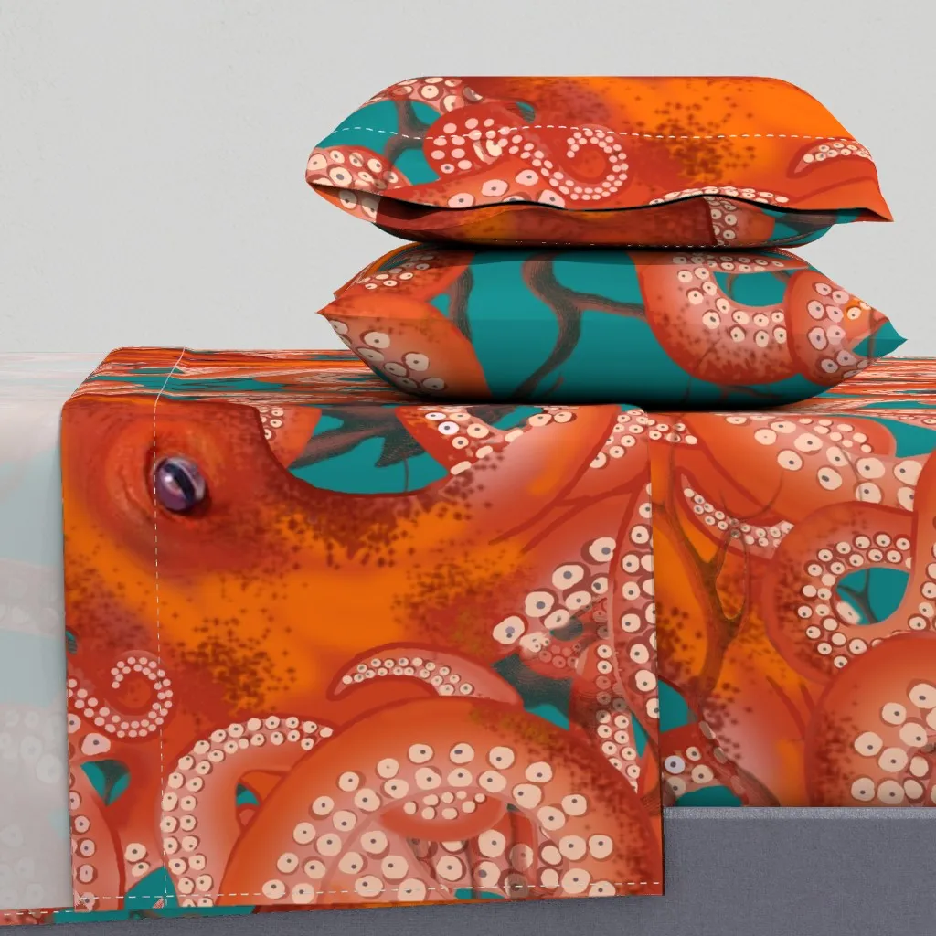 Red Octopus Inky Ballet Blue King Size Sheet Set - Orange product