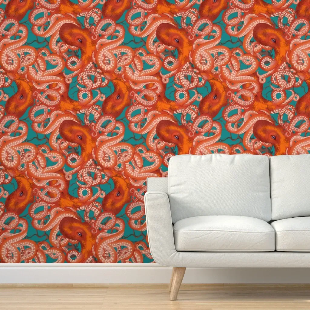 Red Octopus Inky Ballet Blue Peel and Stick Wallpaper - Blue product