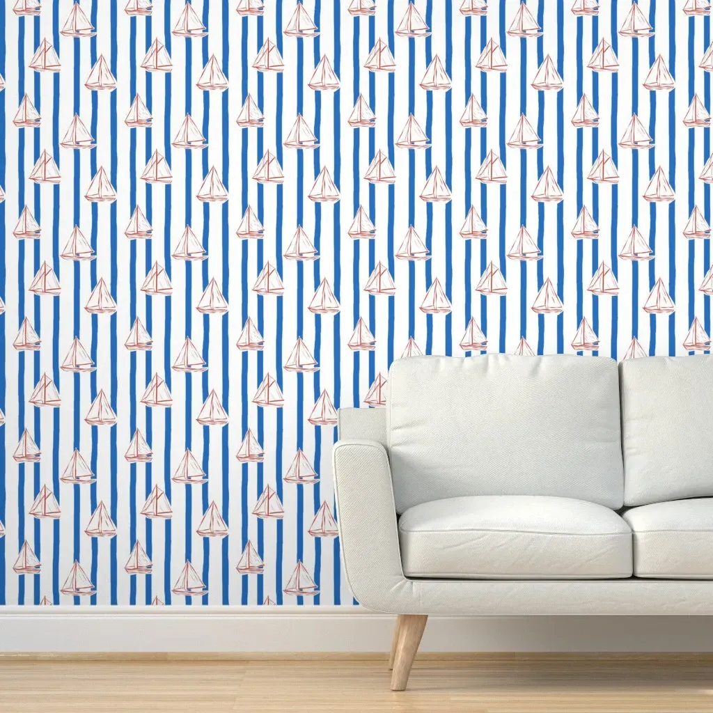 Red Sailboats on Blue Stripes Peel and Stick Wallpaper - Blue product
