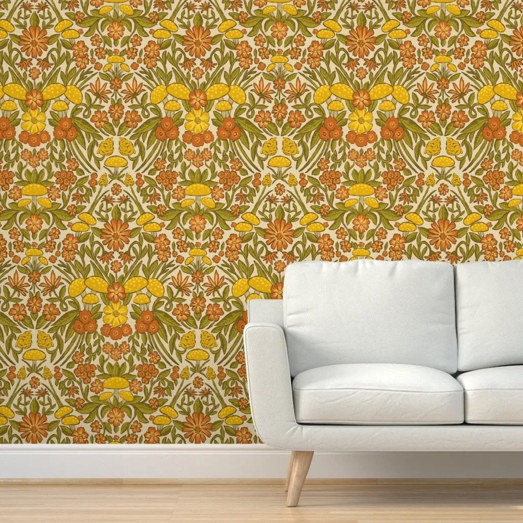 Retro 1970s Floral Woodland Mushrooms Peel and Stick Wallpaper - Mustard Yellow product