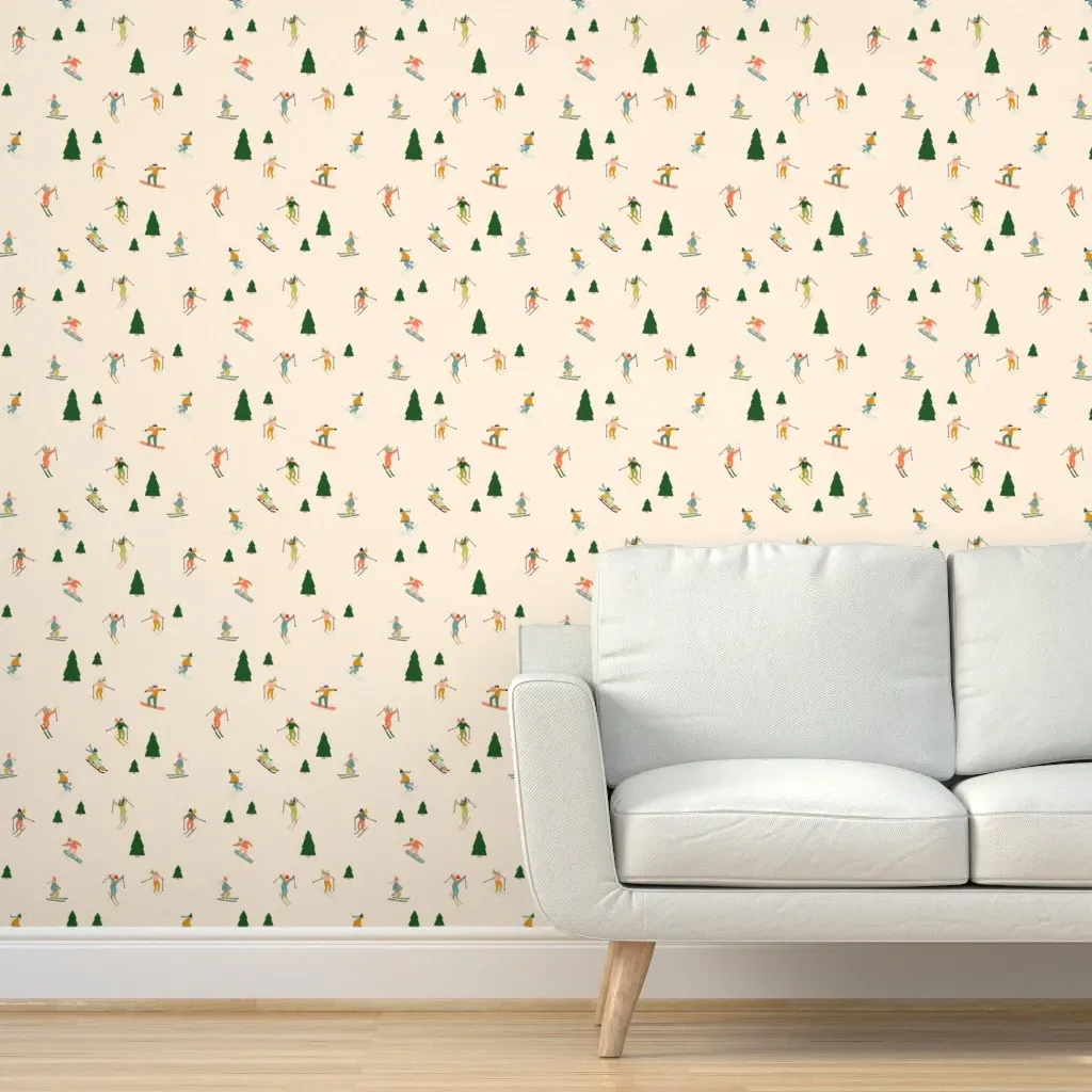 Retro Alpine Downhill Skiers Peel and Stick Wallpaper - Vintage Cream product