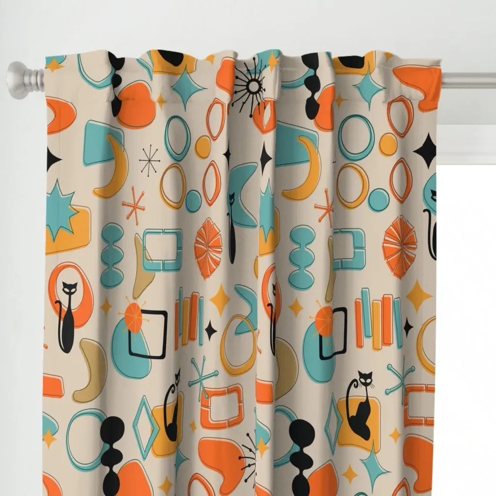 Retro Atomic Kitty Curtain Panel - Orange alternate view