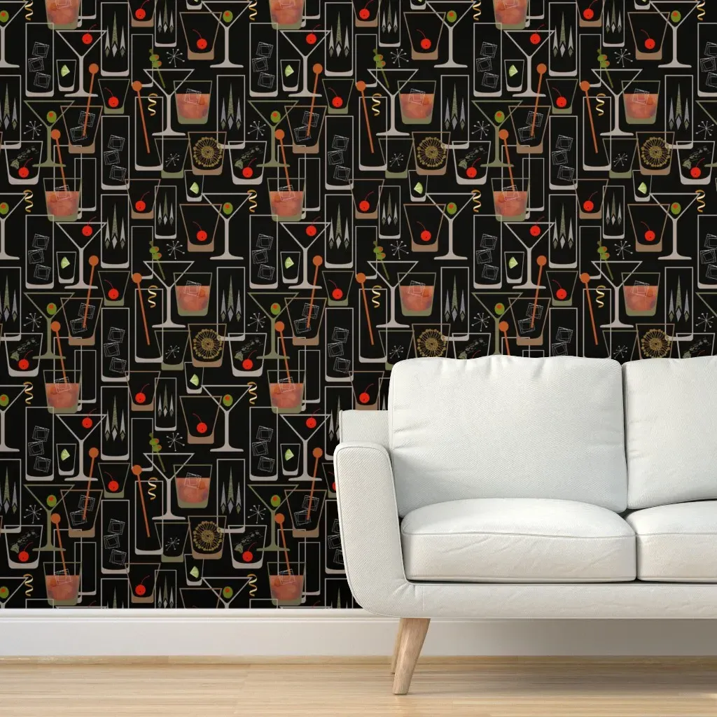 Retro Bar Cart Peel and Stick Wallpaper Large - Burgundy product