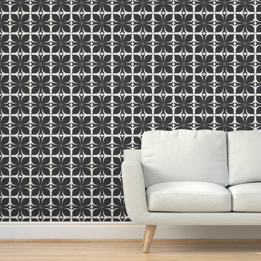 Retro Blockprint Tile Look Peel and Stick Wallpaper - Black and White product