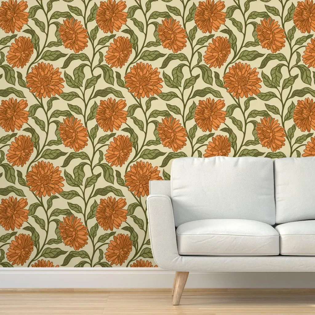 Retro Calendula Floral Vine Peel and Stick Wallpaper - Orange product
