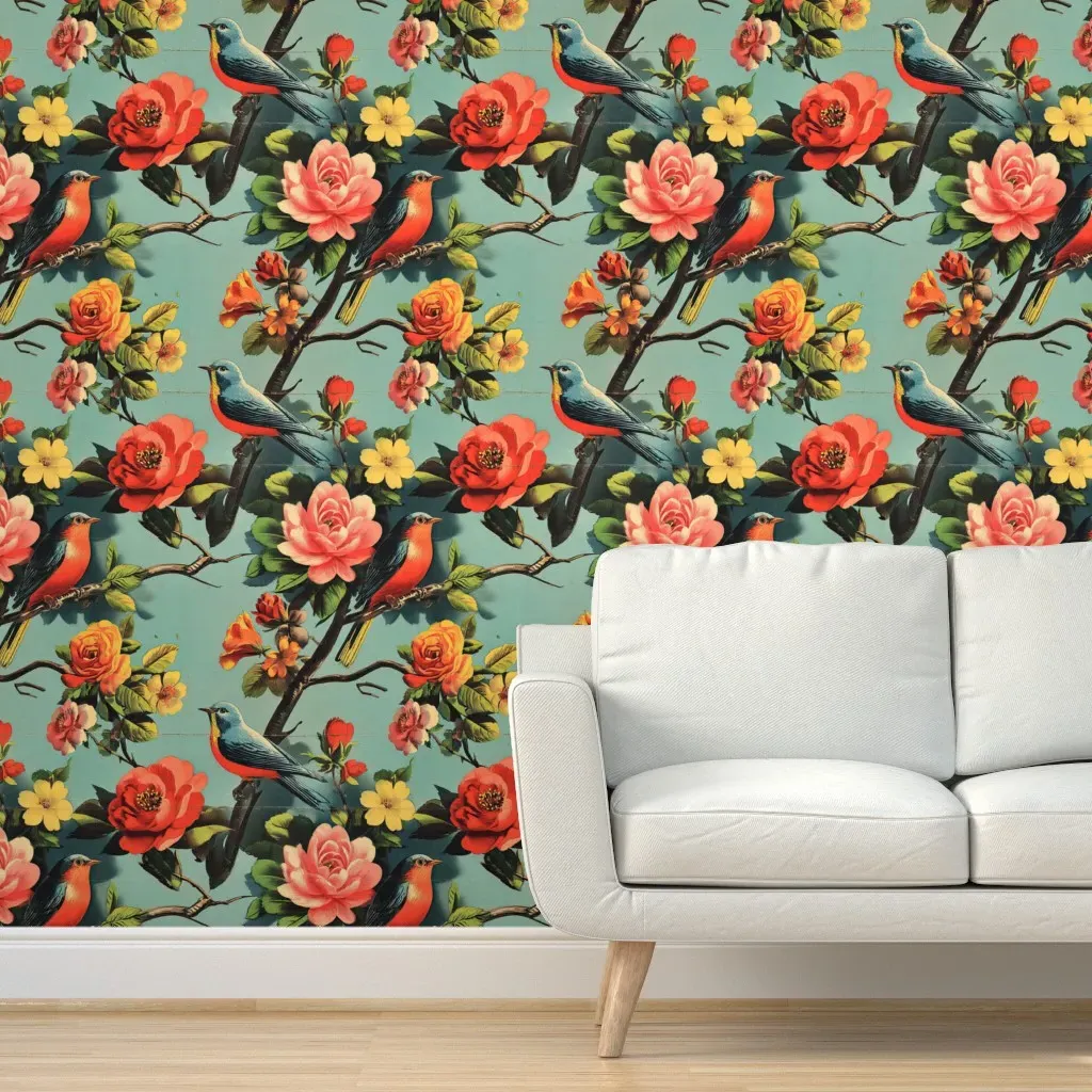 Retro Chinoiserie Bird and Flower Peel and Stick Wallpaper - Blue product