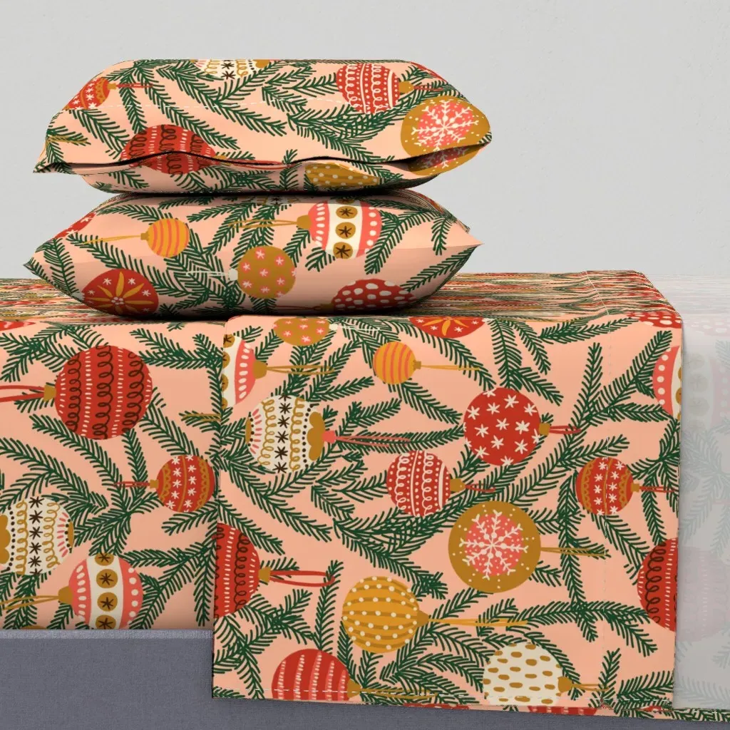 Retro Christmas Baubles Queen Sheet Set - Pink product
