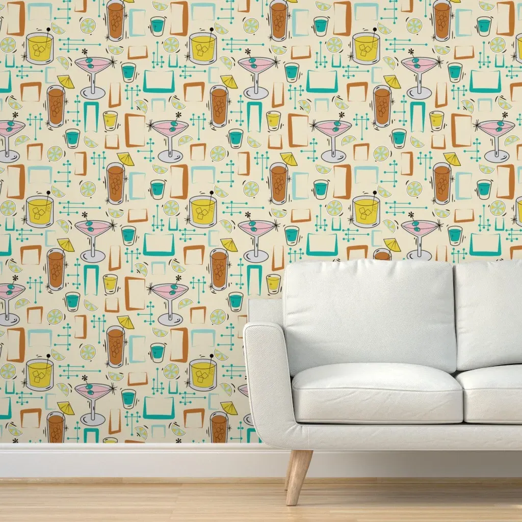 Retro Cocktails Peel and Stick Wallpaper - Peach, Beige product