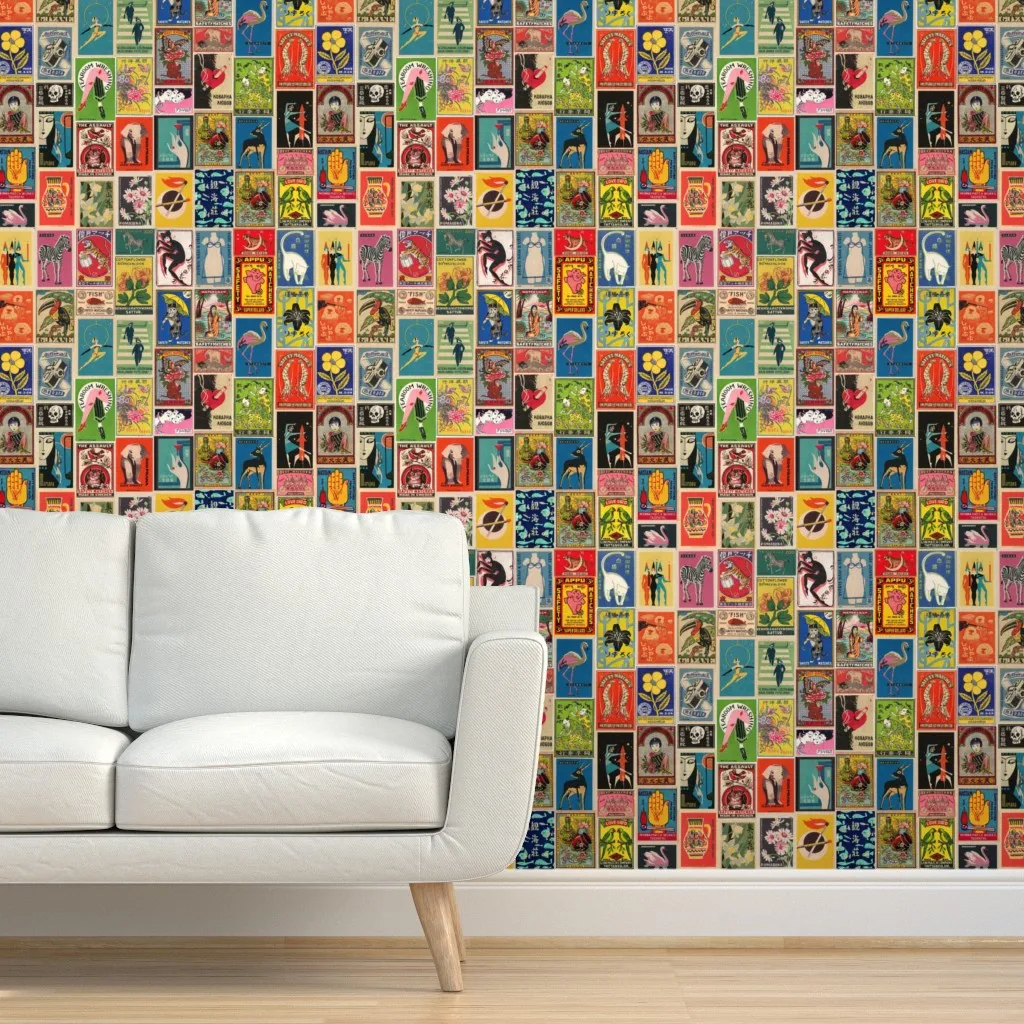 Retro Collage Matchbox Label Peel and Stick Wallpaper - Cream product