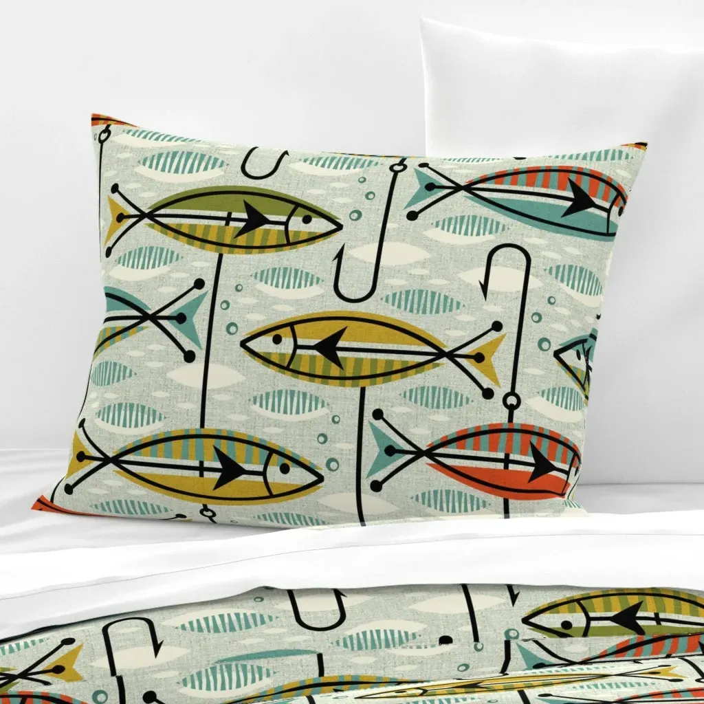 Retro Color Block Fish Standard Knife Edge Cushion - Teal, Cotton Sateen product