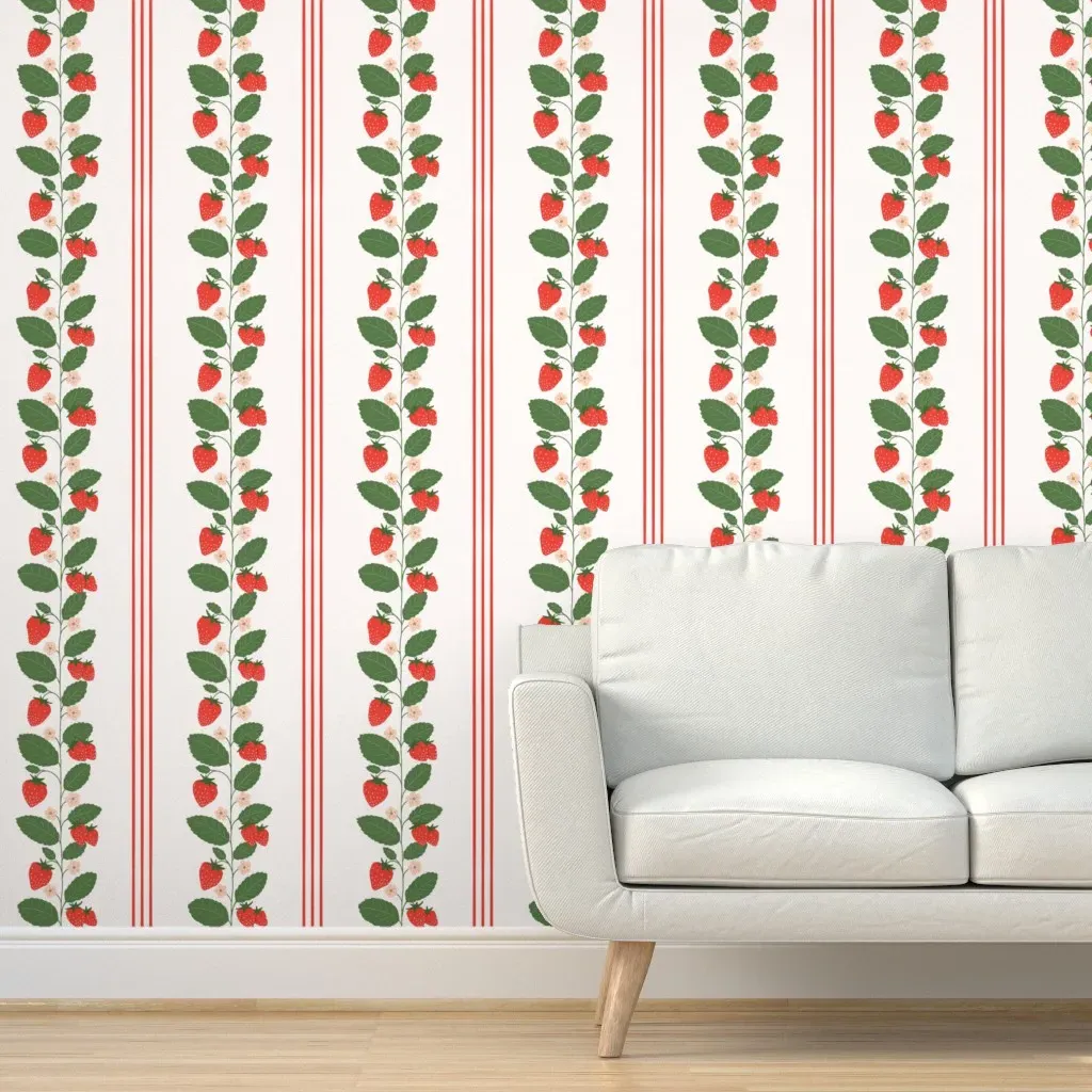 Retro Country Garden Strawberry Stripe Peel and Stick Wallpaper - Red product