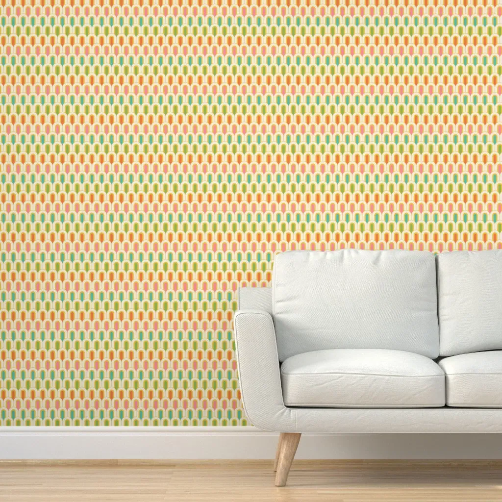 Retro Cream Rainbow Arc Geometric Peel and Stick Wallpaper - Off-White product
