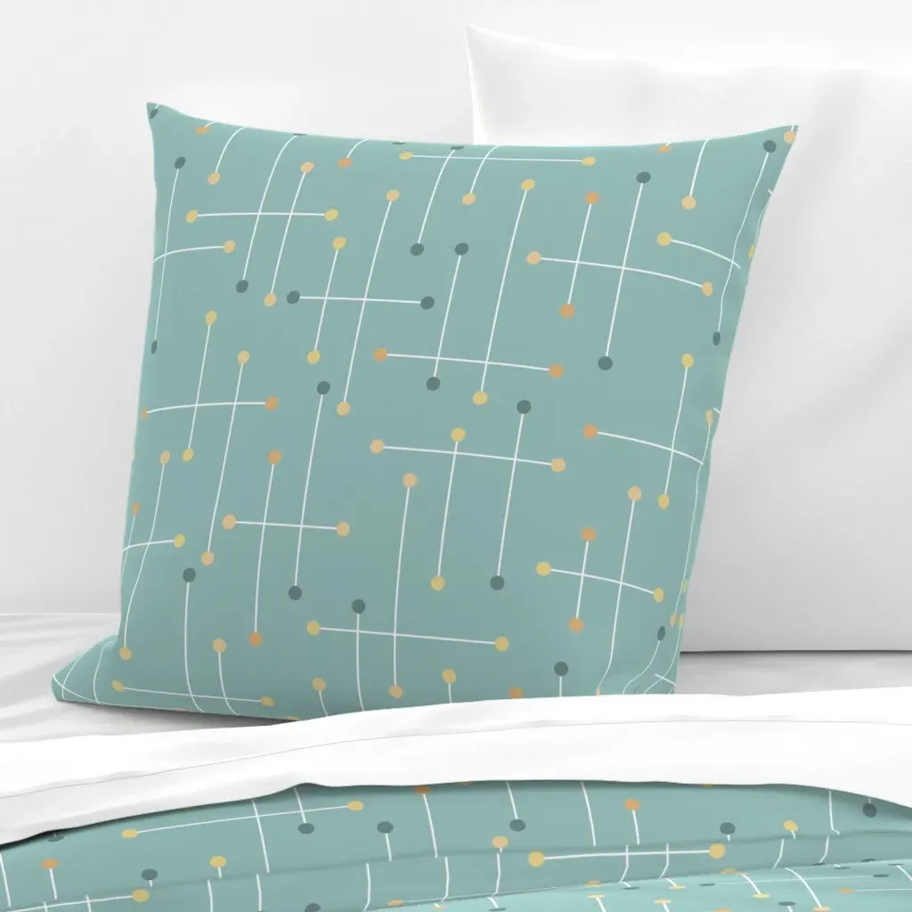Retro Crosshatch Mid-Mod Atomic Plaid Dots Grid Large Euro Pillow Sham - Light Teal product