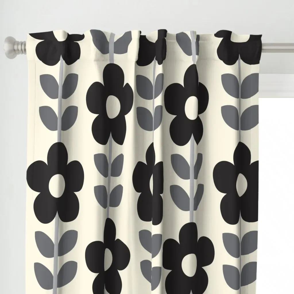 Retro Daisies 70s Curtain Panel - Black alternate view