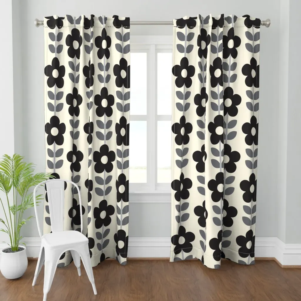 Retro Daisies 70s Curtain Panel - Black product