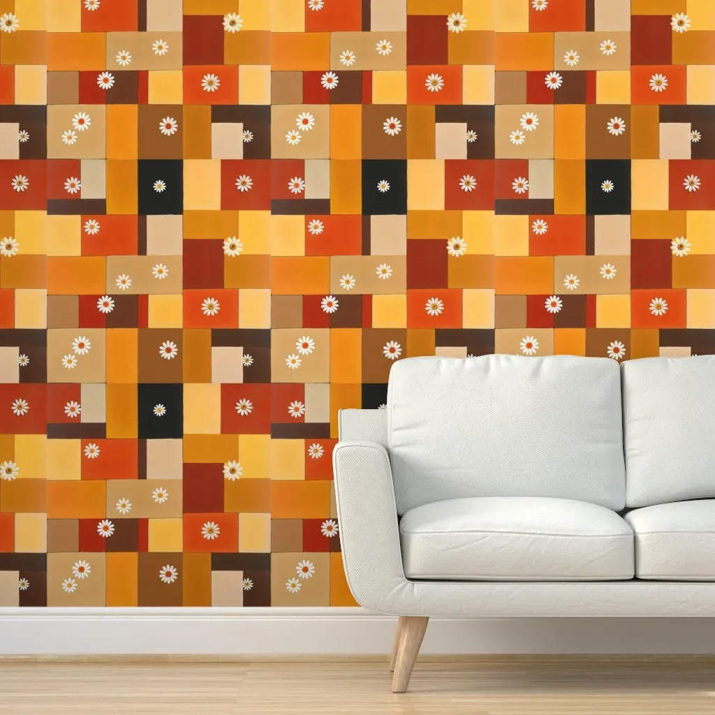 Retro Daisy Geometric Abstract Peel and Stick Wallpaper - Orange product