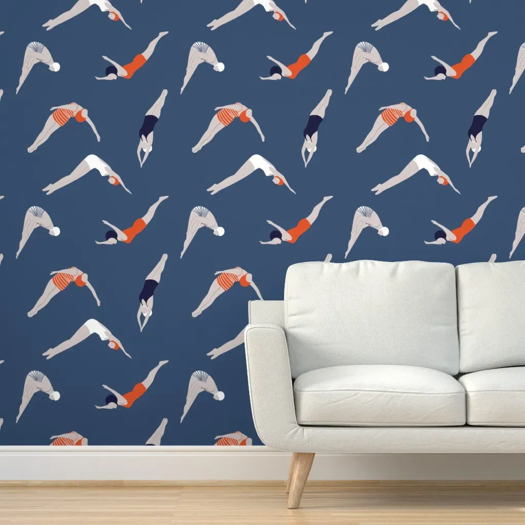 Retro Divers Peel and Stick Wallpaper - Blue, Orange, Pink product