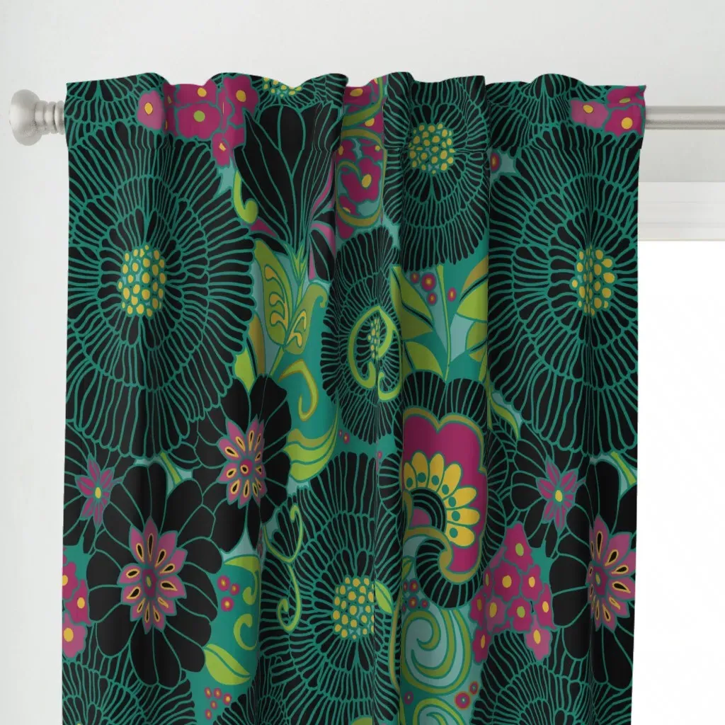 Retro Floral 1970 Curtain Panel - Dark Teal alternate view