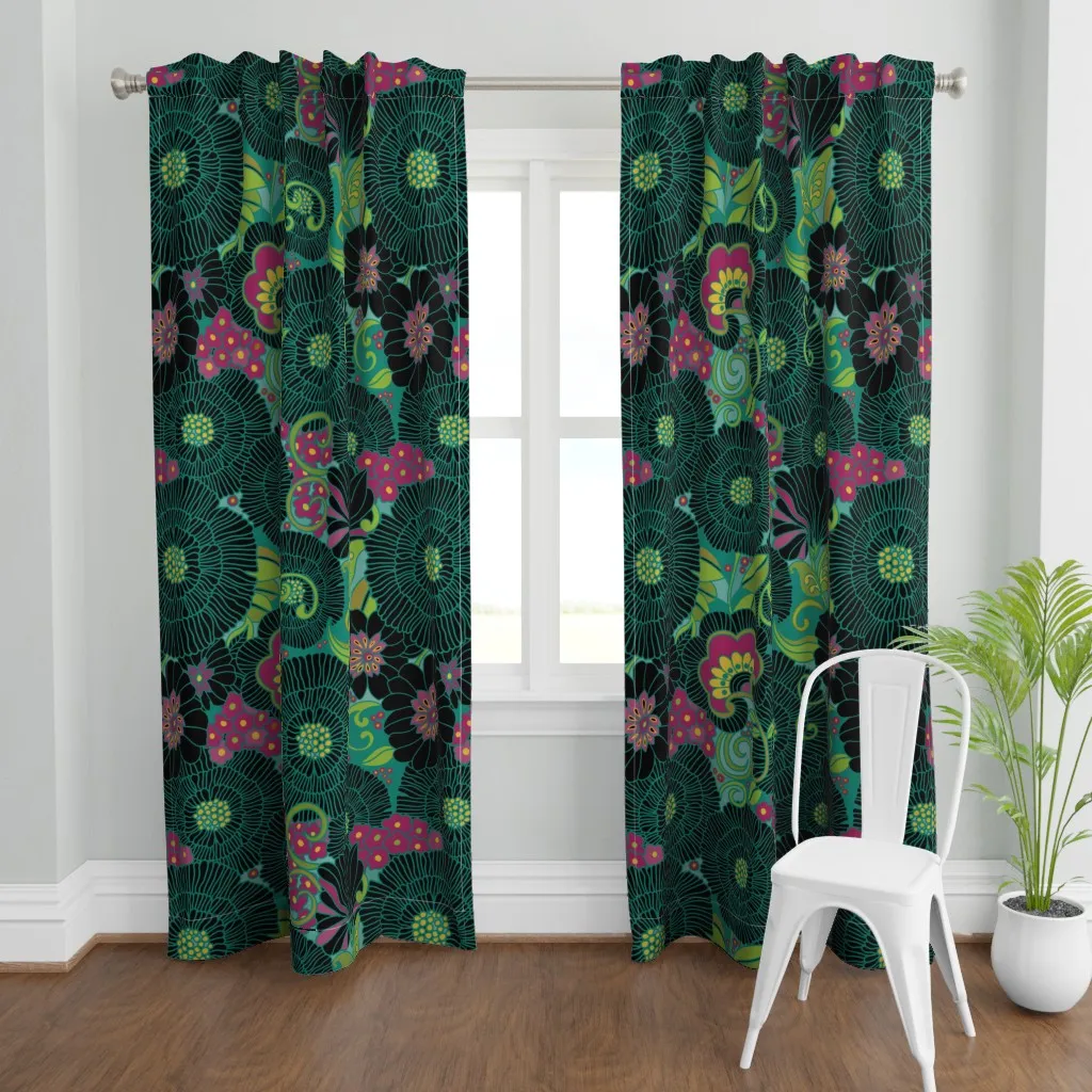 Retro Floral 1970 Curtain Panel - Dark Teal product