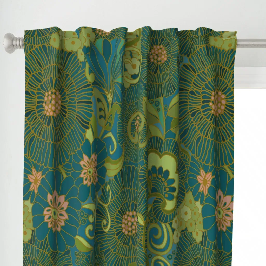 Retro Floral 1970 Curtain Panel - Teal alternate view