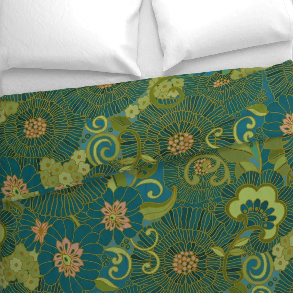 Retro Floral 1970 Duvet Cover - Teal alternate view
