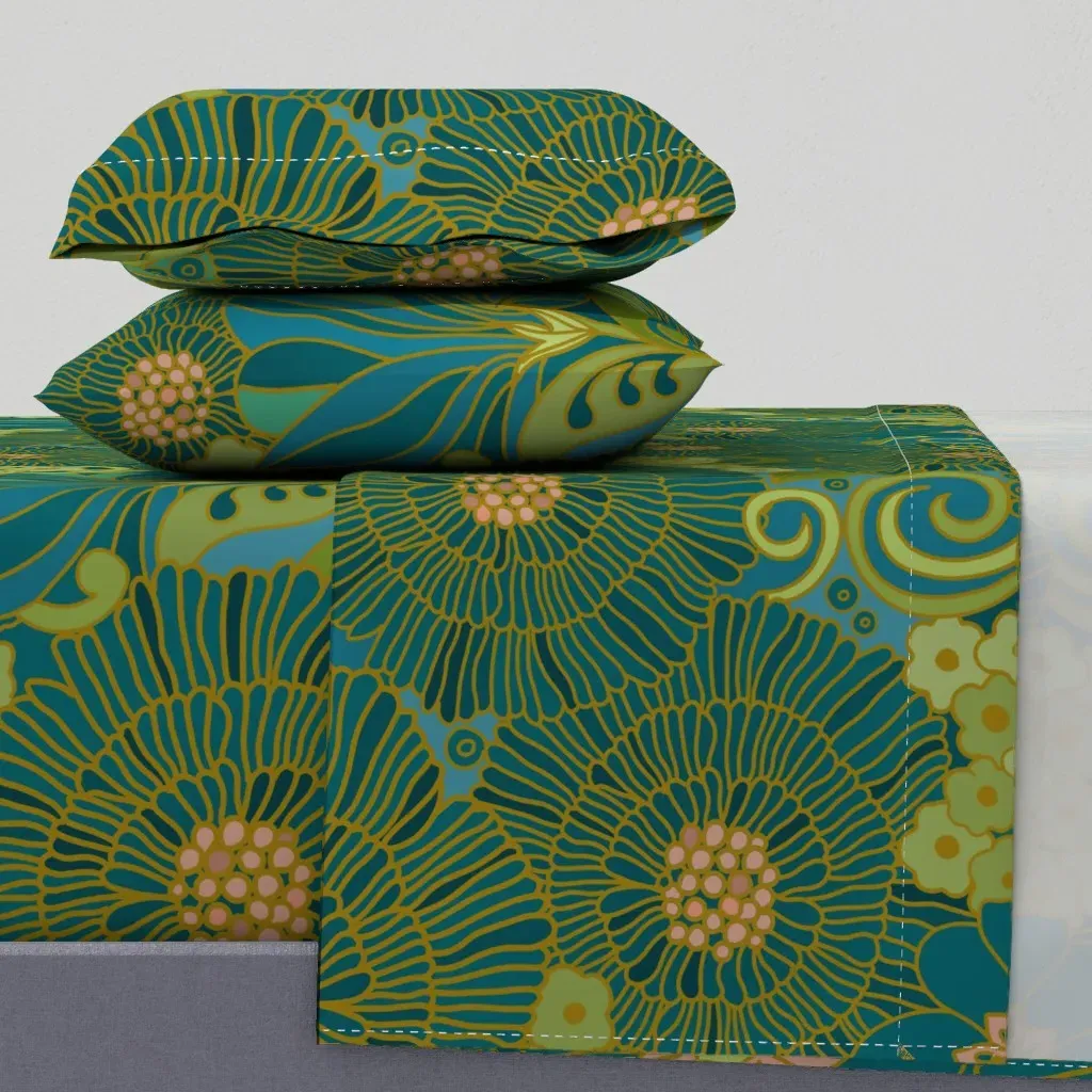 Retro Floral 1970 Muumuu King Size Sheet Set - Teal product