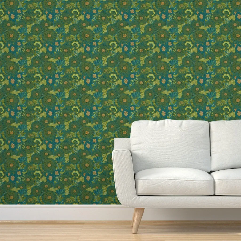 Retro Floral 1970 Muumuu Peel and Stick Wallpaper - Green, Blue, Black product
