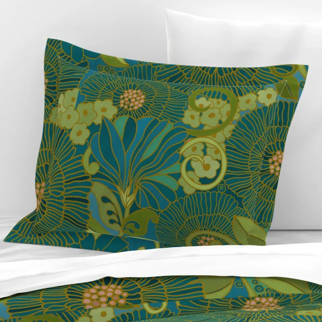 Retro Floral 1970 Muumuu Standard Flanged Pillow Sham - Teal, Cotton Sateen product