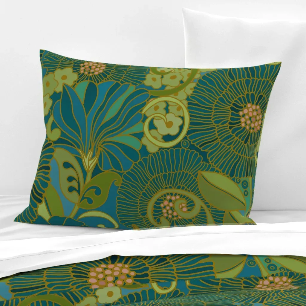 Retro Floral 1970 Muumuu Standard Knife Edge Cushion - Teal, Cotton Sateen product