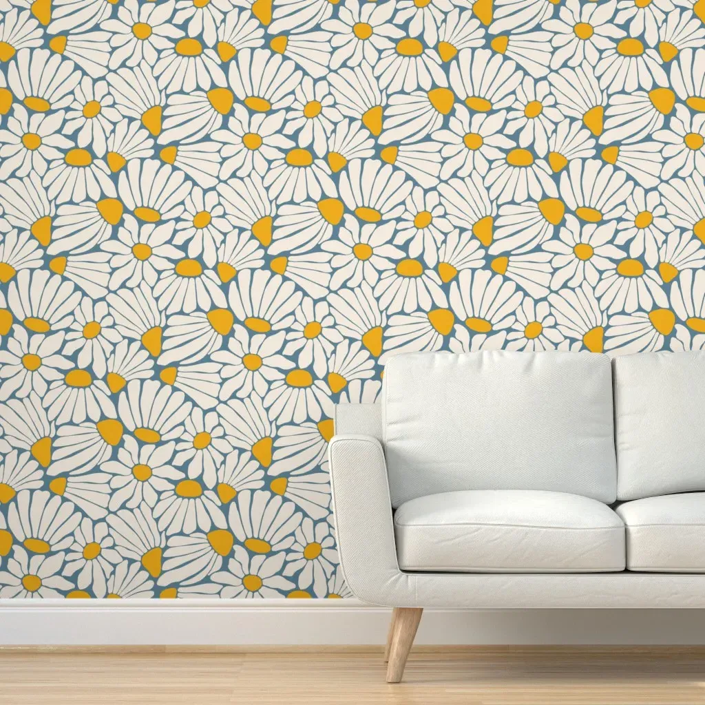 Retro Floral Block Print Peel and Stick Wallpaper - Cream Blue Yellow product