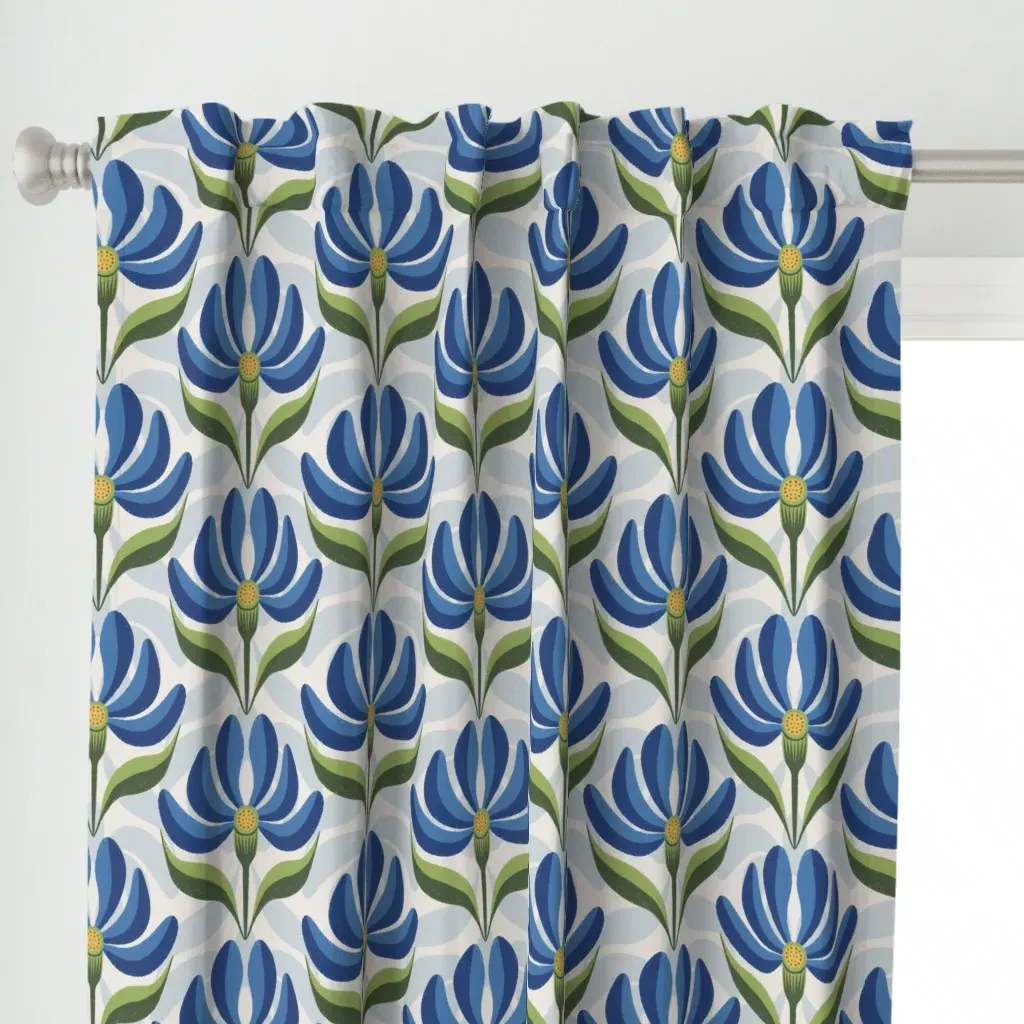 Retro Floral Curtain Panel - Blue alternate view