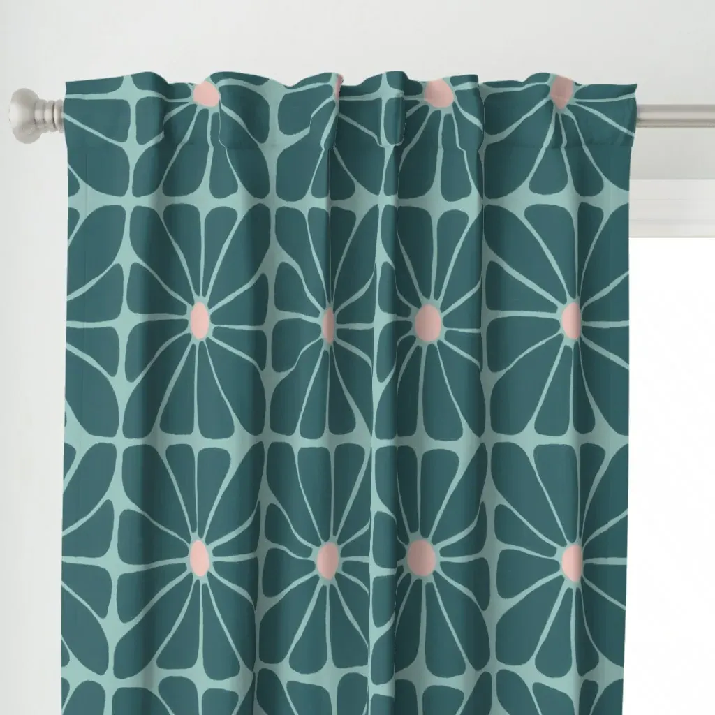 Retro Floral Curtain Panel - Teal alternate view
