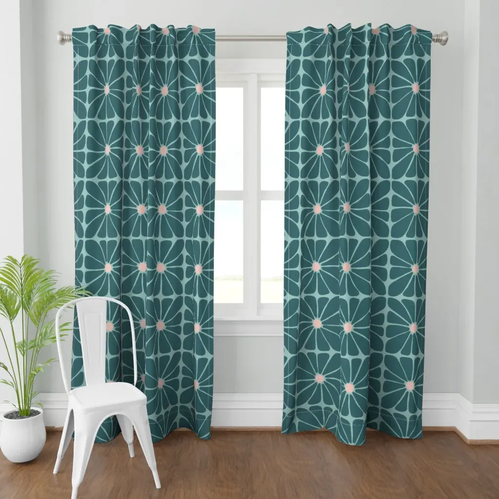Retro Floral Curtain Panel - Teal product