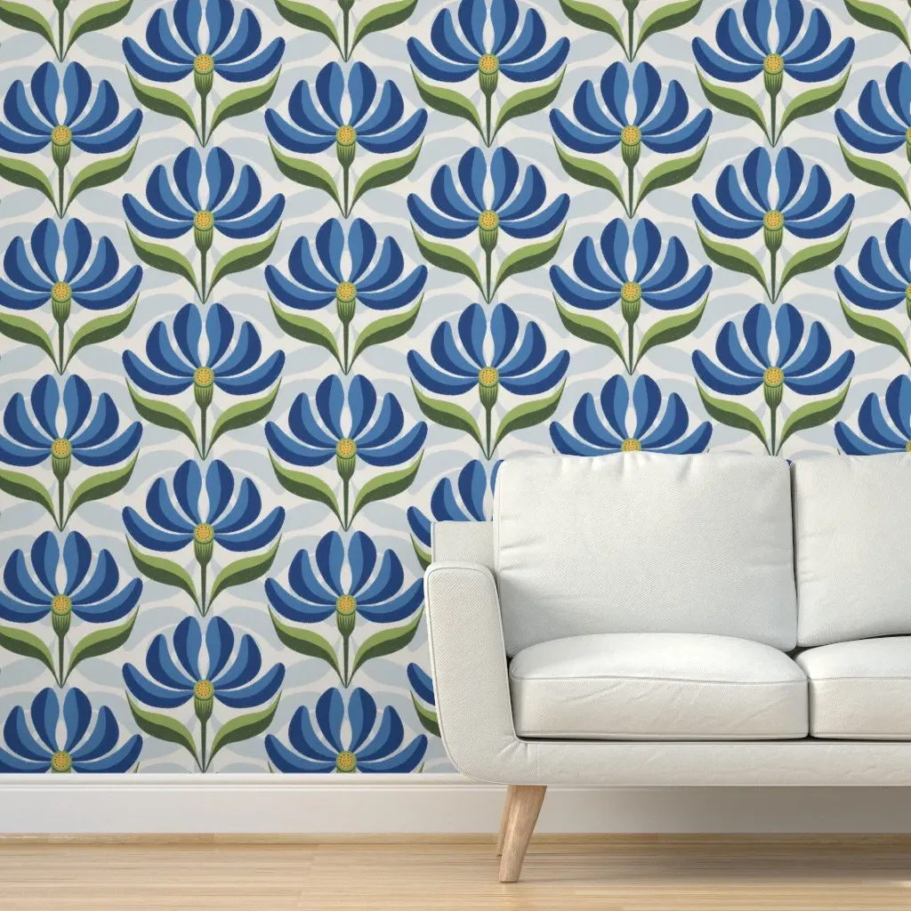 Retro Floral Geometric Peel and Stick Wallpaper - Blue, Ivory product