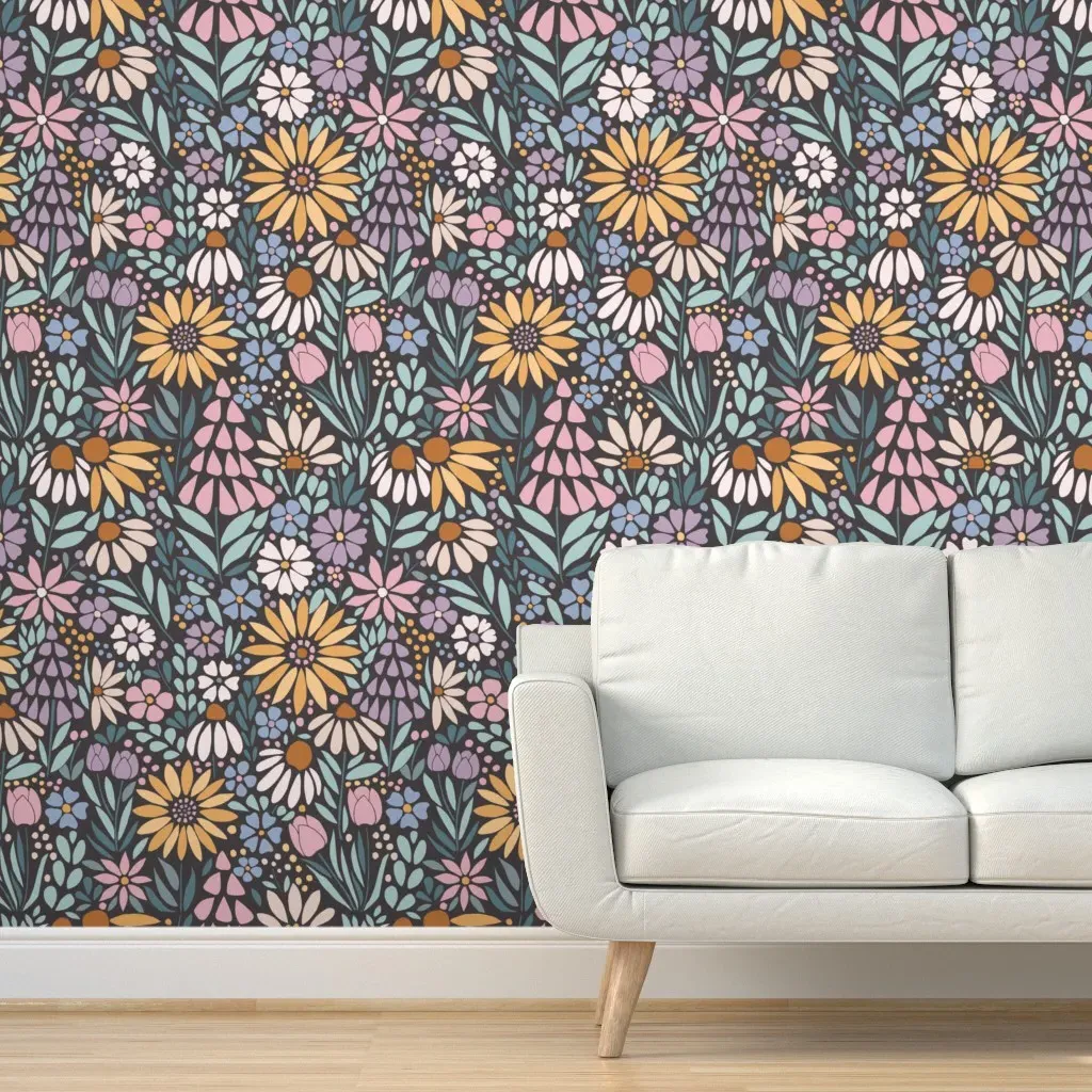 Retro Floral Mosaic Peel and Stick Wallpaper - Yellow, Charcoal product