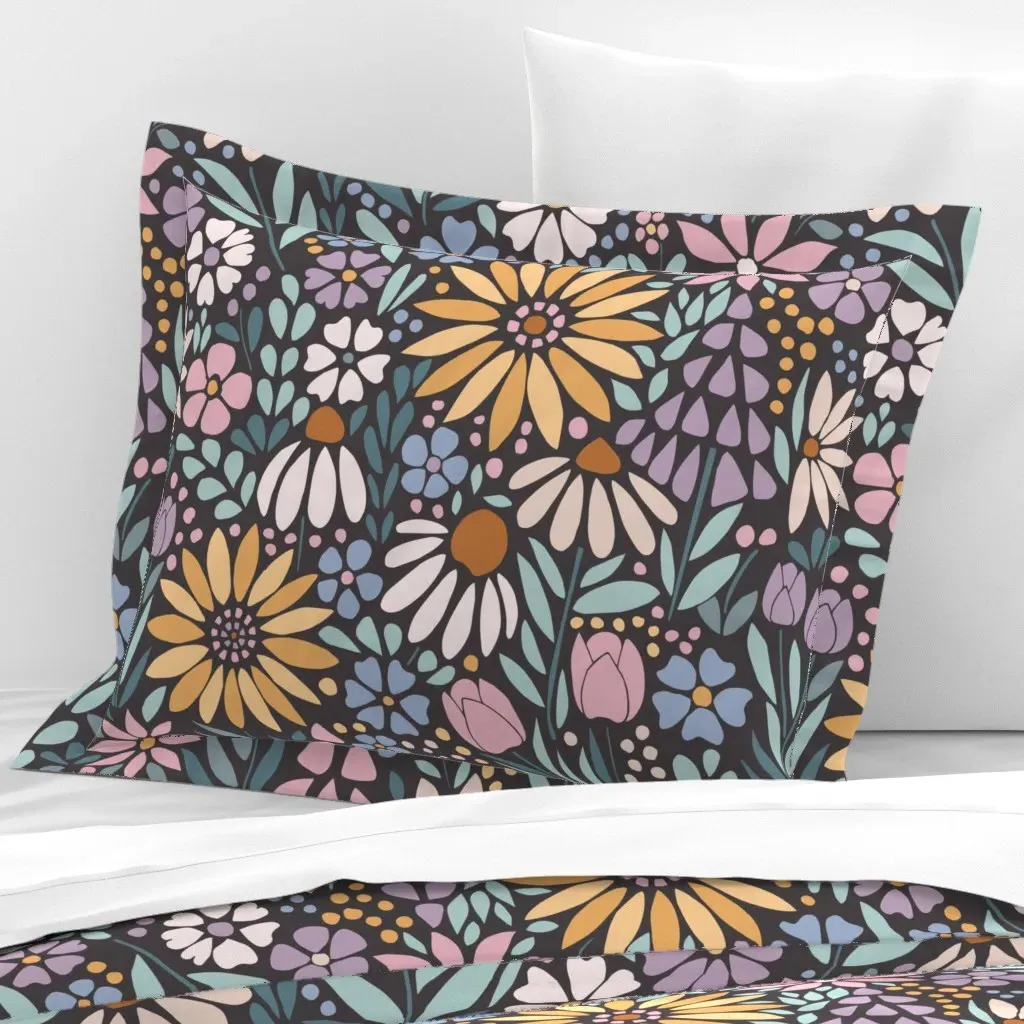 Retro Floral Mosaic Standard Flanged Pillow Sham - Yellow, Cotton product