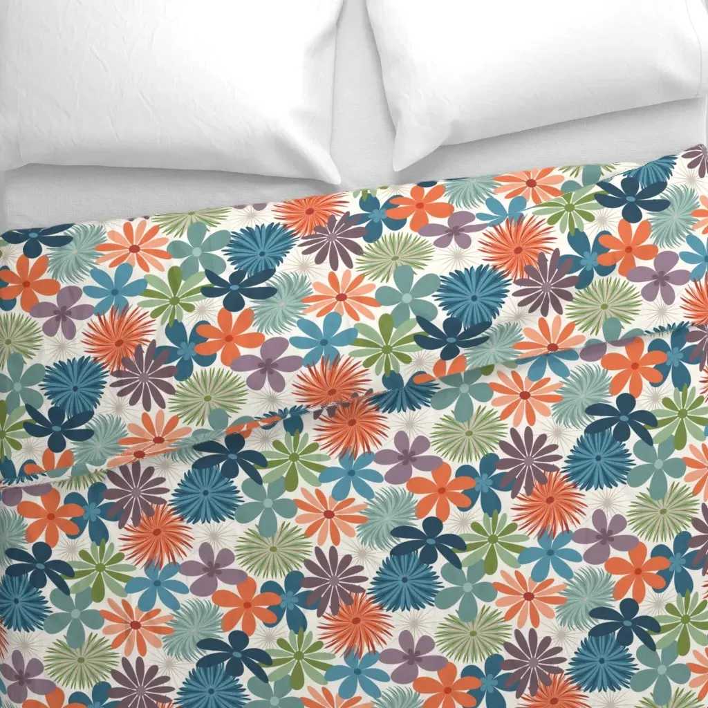 Retro Floral Plum Navy Blue Duvet Cover - Teal alternate view