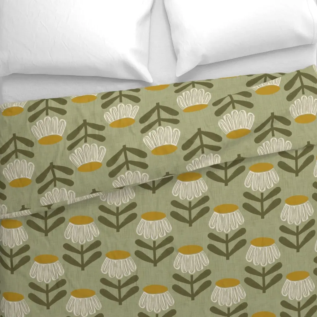 Retro Floral Sage Mid Duvet Cover - White alternate view