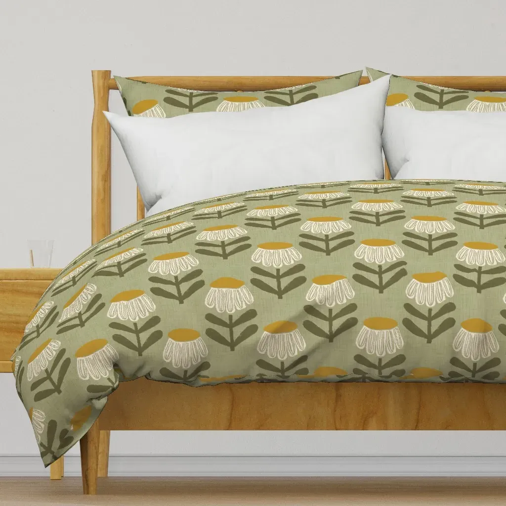Retro Floral Sage Mid Duvet Cover - White product