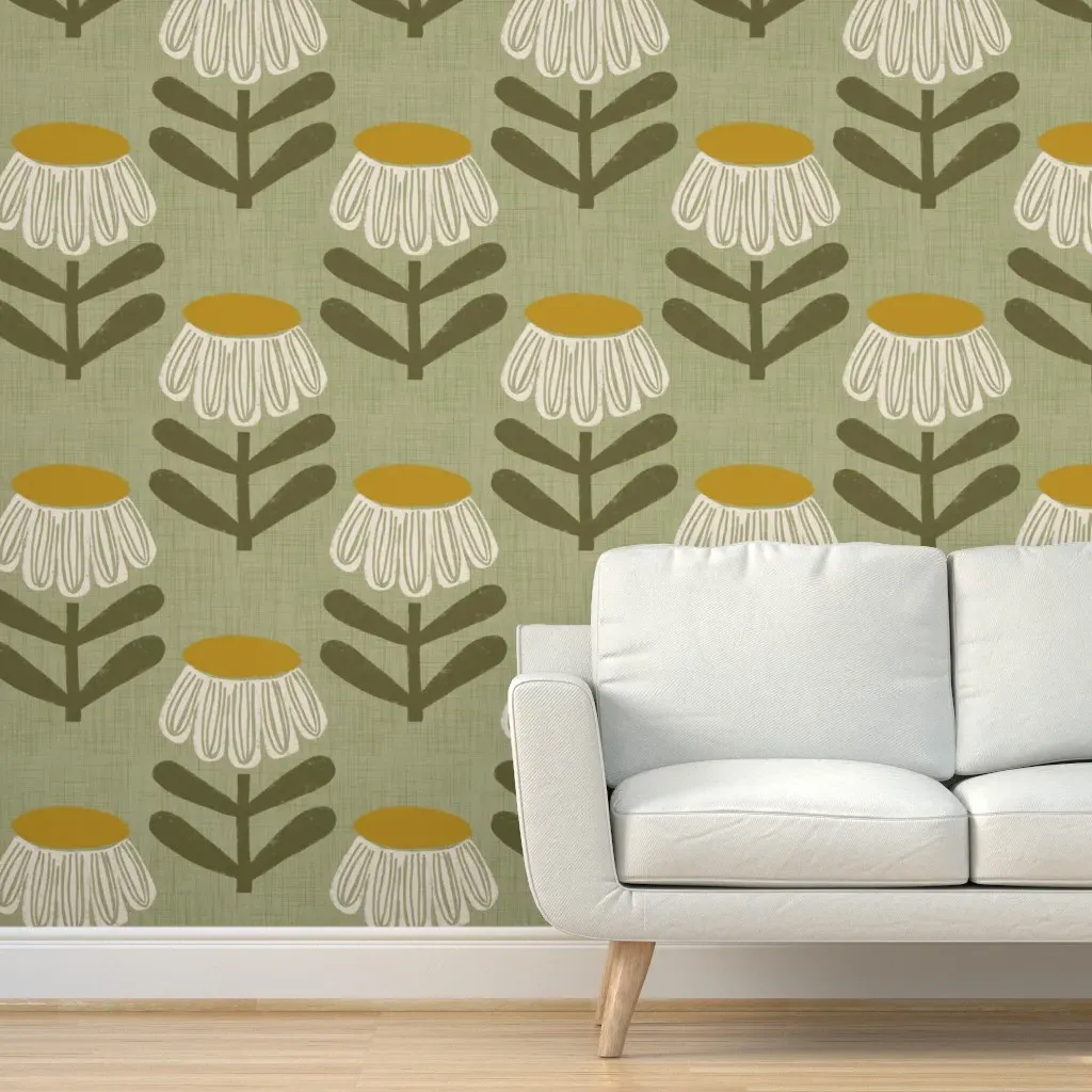 Retro Floral Sage Peel and Stick Wallpaper - White product