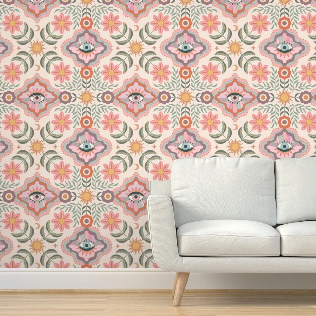 Retro Floral With Eyes Peel and Stick Wallpaper - Pink product