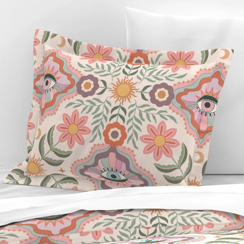 Retro Floral With Eyes Standard Flanged Pillow Sham - Pink, Cotton Sateen product